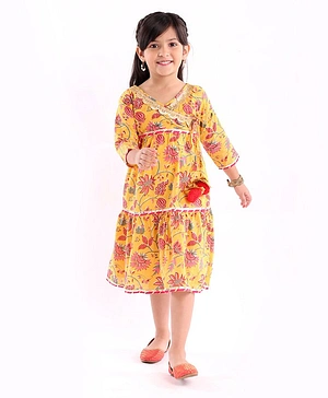 Teentaare Cotton Woven Three Fourth Sleeves Ethnic Dress Floral Print - Mustard Yellow