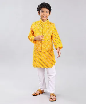 Teentaare Full Sleeves Kurta & Pyjama With Jacket Geometric Print - Yellow White
