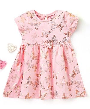 Babyhug 100% Cotton Short Sleeves Frock Butterfly Print with Bow Applique - Coral
