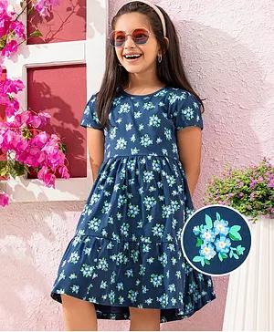 Hola Bonita Puff Sleeves Floral Allover Printed Knit Tiered Dress - Blue