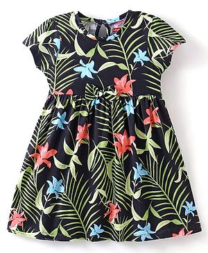 Babyhug 100% Cotton Knit Half Sleeves Frock with Tropical Print - Multicolour