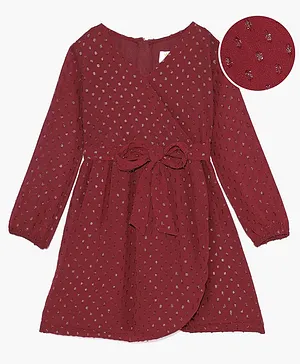 Hola Bonita Full Sleeves Overlap Dress With Dobby Embroidery & Shimmer - Maroon