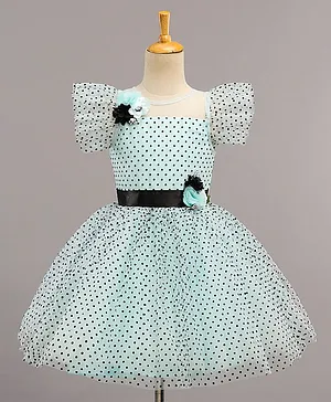 Bluebell Polyester Woven Short Sleeves Polka Dot Frock With Floral Applique - Blue