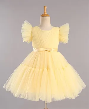Bluebell Party Wear Frill Sleeves Frock Bow Applique - Light Yellow
