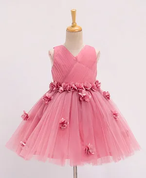 Bluebell Sleeveless Pleated Party Frock with Corsage - Pink