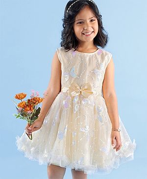 Babyhug Sleeveless Party Wear Mesh Frock With Sequin Embroidery & Bow Applique- Ivory