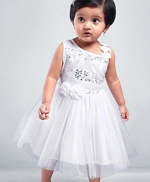 Babyhug Sleeveless Sequins Party Frock - White
