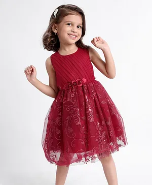 Babyhug Sleeveless Party Wear Frock Embroidered - Red