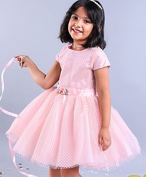 Babyhug Party Wear Cap Sleeves Frock Floral Appliques - Light Pink
