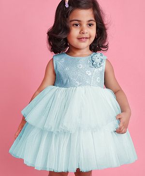 Babyhug Party Wear Sleeveless Frock Floral Appliques - Light Blue
