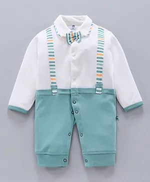Mini Taurus Full Sleeves Solid Color Party Romper With Attached Suspender & Bow - Mint
