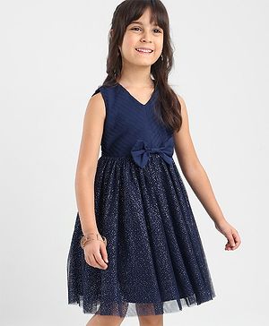 Babyhug Sleeveless Party Dress With Foil Print & Bow Corsage - Navy Blue