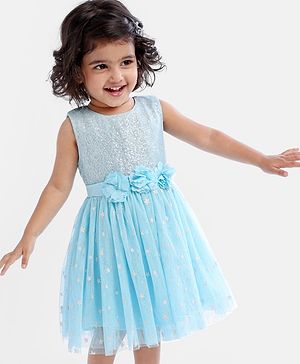 Babyhug Sleeveless Party Wear Sequin Frock - Light Blue