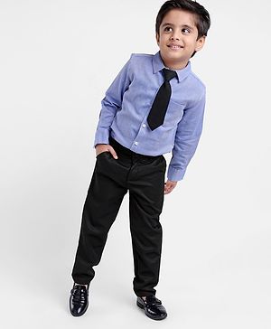 Babyhug Full Sleeves Shirt & Trouser With Tie Checked - Navy Black