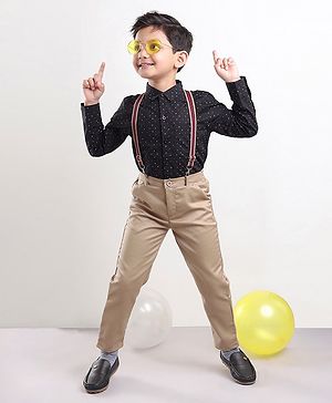 Babyhug Full Sleeves Printed Shirt & Trousers With Suspenders- Black Beige