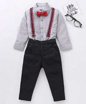 Babyhug Full Sleeves Pintucked Shirt & Trousers With Suspenders- Ash Grey