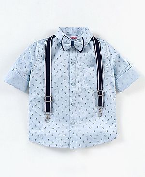 Babyhug Full Sleeves printed Party Shirt With Bow & Suspender - Blue