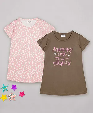 Sheer Love Pack Of 2 Short Sleeves Mommy Me Besties & Animal Print Nighties - Pink & Brown
