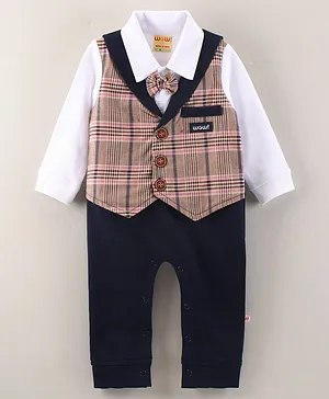 Wow Clothes Cotton Woven Full Sleeves Romper with Checkered Waistcoat & Bow - Navy