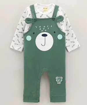 Wow Clothes Full Sleeves Tee & Dungarees Set Bear Print - Green