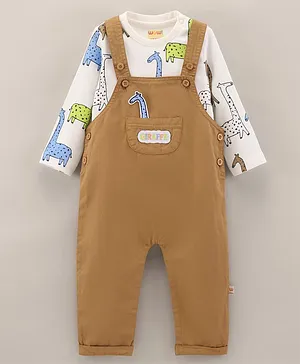 Wow Clothes Cotton Dungaree with Animal Patch and Full Sleeves Printed T-shirt - Beige