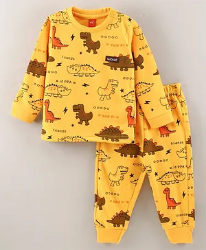 Wow Clothes Cotton Knit Full Sleeves Dino Printed  Night Suit - Yellow