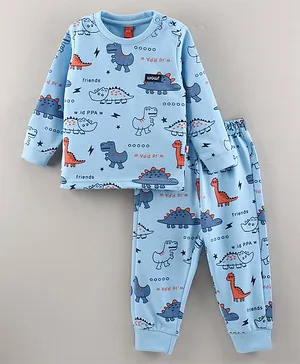 Wow Cotton Knit Full Sleeves Dino Printed  Night Suit - Blue