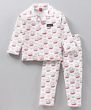 Wow Clothes Cotton Knit Full Sleeves Elephant Printed Night Suit - White & Red