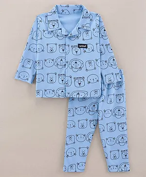 Wow Clothes Full Sleeves Cotton Animal Face Printed Night Suit - Light Blue