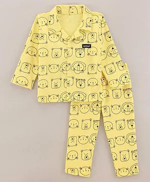 Wow Clothes Full Sleeves Cotton Animal Face Printed Night Suit - Yellow