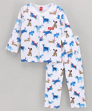 Wow Full Sleeves Night Suit Puppy Print - White Blue
