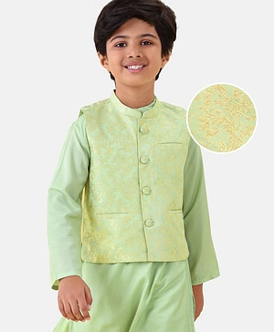 Earthy Touch Woven Full Sleeves Kurta & Pyjama Set With Printed Waistcoat - Green