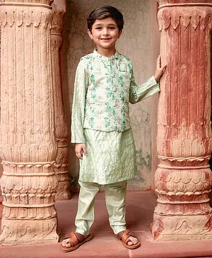 Earthy Touch Cotton Knit Full Sleeves Kurta & Pajama Set with Coat Floral Print - Green