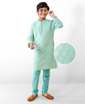 Earthy Touch Full Sleeves Woven Kurta Pyjama Set Zari Design - Light Blue
