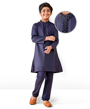 Earthy Touch Woven Full Sleeves Solid Print Kurta & Pyjama Set - Navy Blue