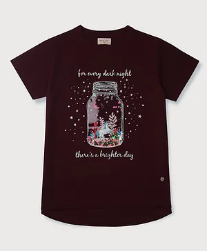 Gini & Jony Cotton Knit Half Sleeves T-Shirt Text & Star Printed - Maroon
