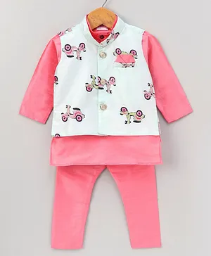 Ridokidz Full Sleeves Solid Kurta And Scooter Printed Jacket With Pyjama - Pink