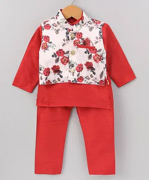Ridokidz Full Sleeves Solid Kurta And Pyjama With Sleeveless Floral Motif Print Jacket - Red