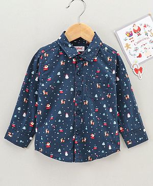 Babyhug Cotton Woven Full Sleeves Christmas Theme Printed Shirt - Navy