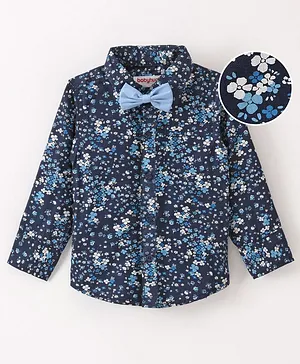 Babyhug Cotton Full Sleeves Party Wear Shirt with Bow Floral Print - Navy Blue