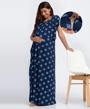 Bella Mama Short Sleeves Maternity Nursing Nighty Floral Print - Navy Blue