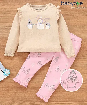 Babyoye Cotton Eco Jiva Full Sleeves Top & Leggings Set Penguin Print - Cream Pink