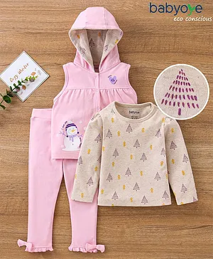 Babyoye Cotton Eco Jiva Full Sleeves T-Shirt & Lounge Pants with Hooded Jacket Pine Tree Print- Pink Beige