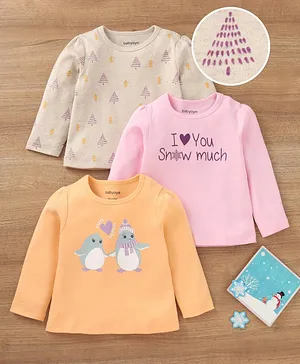Babyoye Cotton Knit Eco Jiva Full Sleeves T-Shirt Penguin Tree & Text Print Pack of 3 - Orange Pink White