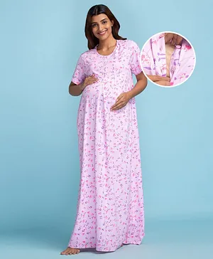 Bella Mama Cotton Knit Half Sleeves Floral Printed Nursing & Maternity Nighty - Pink