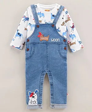 WOW Clothes Full Sleeves Cotton T-Shirt with Dungaree Puppy Patch - Light Indigo