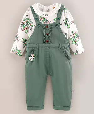 Wow Clothes Full Sleeves Tee & Dungarees Set Floral Print - Green