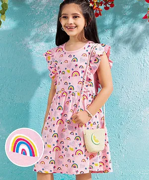 Hola Bonita Ruffle Sleeves Knit Dress Rainbow Print - Pink