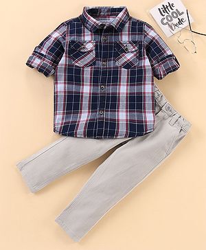 Babyhug Full Sleeves Shirt and Trousers Check Pattern - Grey