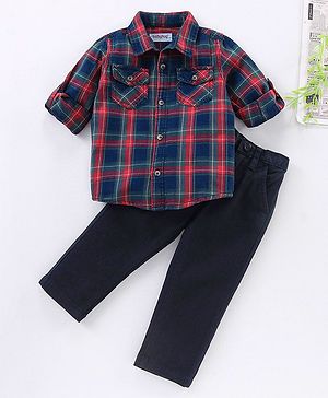 Babyhug Full Sleeves Indigo Checks Shirt & Trouser Set- Red Navy